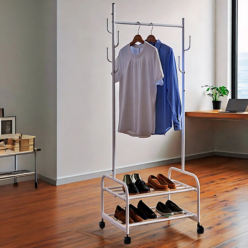 Вішалка для одягу на дві полиці для взуття, гачками для аксесуарів і поперечиною для тремпелів колір білий УЦІНКА Кам'янець-Подільський - фото 2