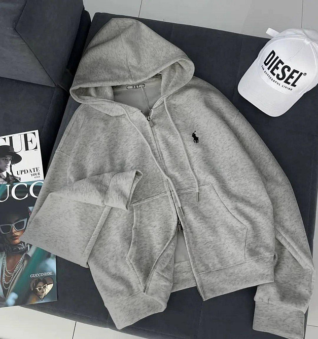 Жіноче повсякденне оверсайз худі на блискавці з капюшоном двонитка. Сірий Одеса - фото 1