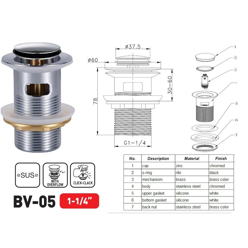 Донный клапан для раковины Zerix BV-05 1 1/4'' с переливом автоматический СLICK-СLACK (Цвет хром) (ZX6022) Киев - изображение 2