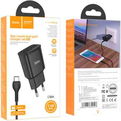 Зарядное устройство HOCO C88A Star round dual port charger set(Type-C) Black (6931474749543) Винница