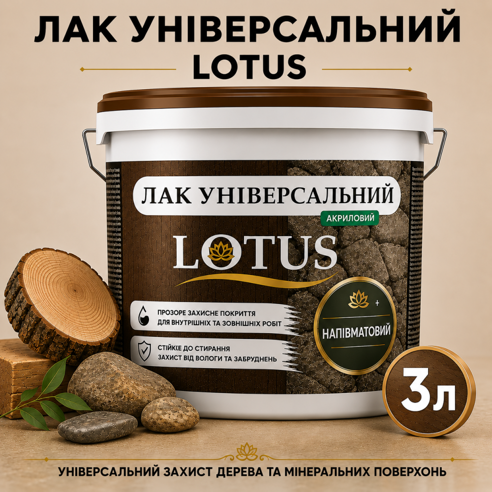 Лак універсальний акриловий LOTUS прозорий напівматовий без запаху зносостійкий для дерева, каменю, бетону та інших поверхонь 3 л Харків - фото 5