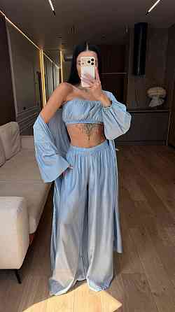 Женский повседневный легкий костюм тройка тенсел Голубой Одесса