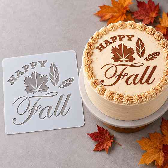 Трафарет для торта Happy Fall с осенней композицией из листьев для декора выпечки и десертов Киев