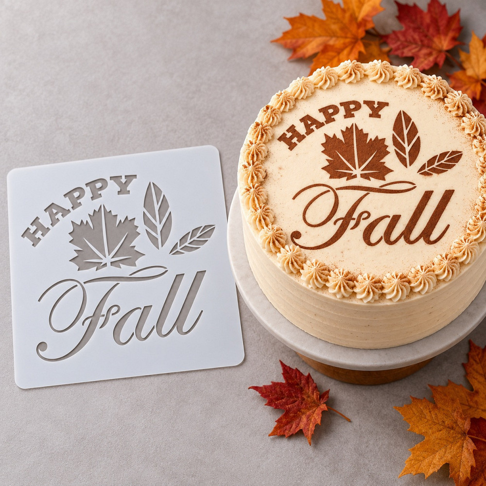 Трафарет для торта Happy Fall з осінньою композицією з листя для декору випічки та десертів Київ - фото 2
