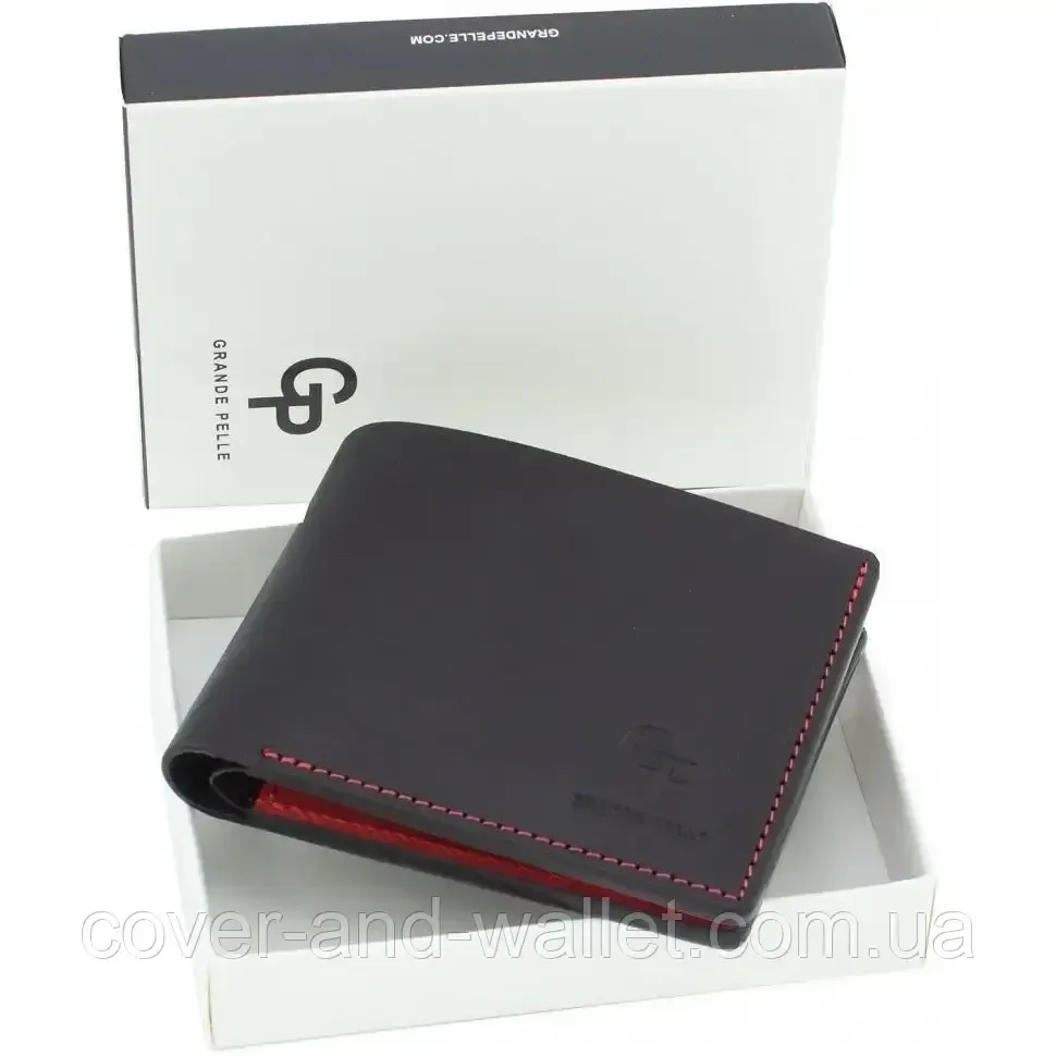 Стильный мужской кошелек из винтажной кожи на магнитной застежке Grande Pelle 50511060 чёрный с красным Киев - изображение 7