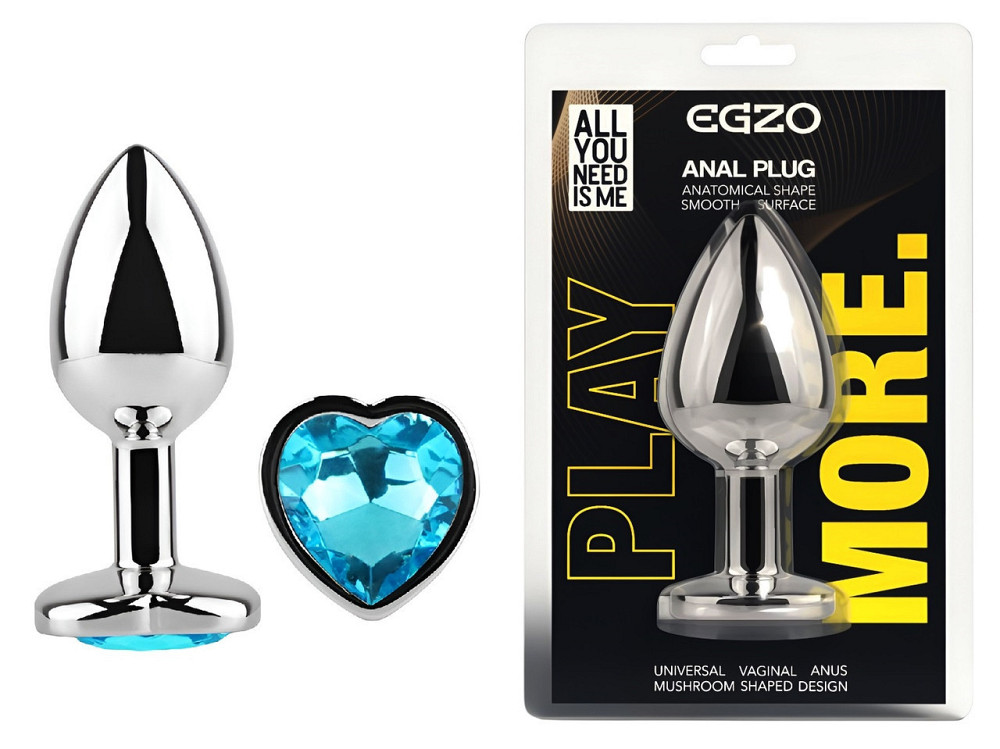 Анальна пробка з кристалом EGZO - Silver Heart Plug Aqua size M Sex Aura Київ - фото 1