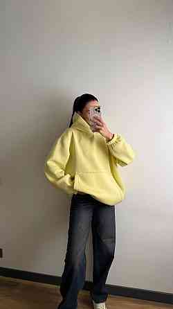 Жіноче тепле об'ємне базове худі оверсайз крою турецька тринитка на флісі Лимонний Одеса