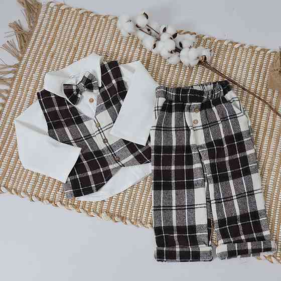 Святковий костюм для хлопчика теплий у коричневу карту (сорочка + жилетка + штани +метелик) 86 Кам'янець-Подільський