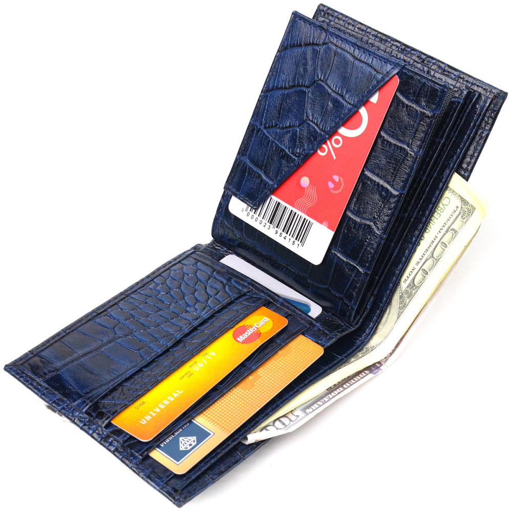 Стильний гаманець для чоловіків у два складення з натуральної шкіри з тисненням під крокодила CANPELLINI 21580 Синій Київ - фото 7
