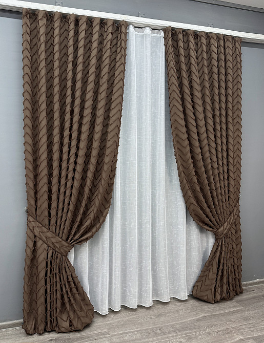 Комплект штор VR-Textil Лен Букле 150х270 2шт и Тюль 400х270 1814ш-115т Коричневый с белым 71-037/3 Киев - изображение 2