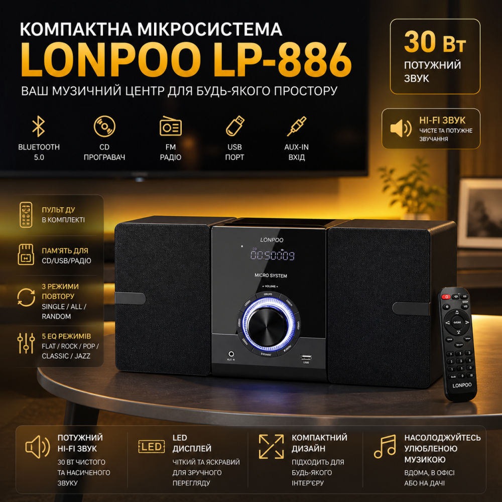 Музыкальный центр Hi-Fi микросистема LONPOO LP-886: CD-плеер, Bluetooth, USB, FM-радио, 30 Вт, DSP, Пульт ДУ, Black Киев - изображение 1