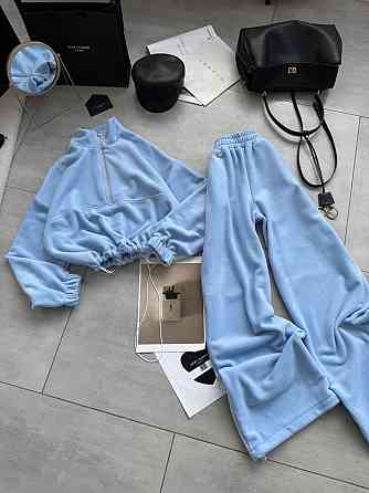 Женский теплый повседневный костюм двойка турецкий двусторонний флис полар Голубой Одесса