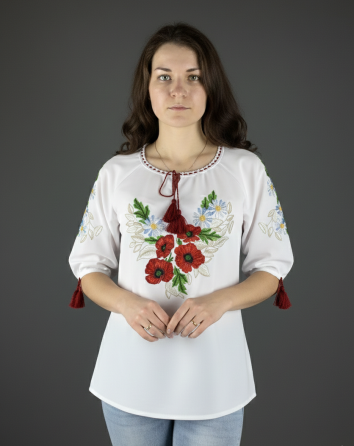 Жіноча вишиванка біла з квітковим оригінальним орнаментом «Мак ромашка» 54 Київ