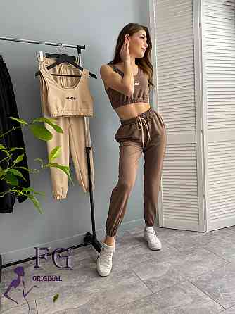 Легкий трикотажний костюм-двійка "Не беси" оптом | Розпродаж моделі Капучіно, 46-48 Київ