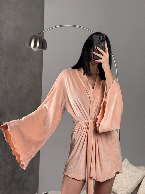 Женский домашний велюровый мини халат плюш велюр Персик, Oversize 42/46 Одесса - изображение 4