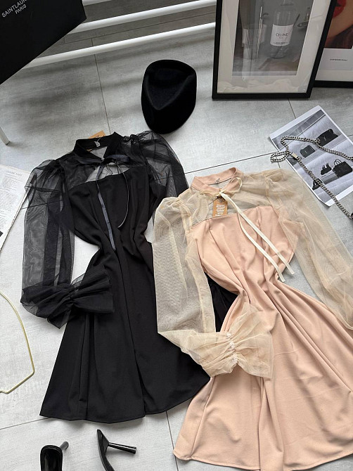 Женское нежное платье с рукавами из сеточки креп дайвинг Бежевый, 46/48 Одесса - изображение 6