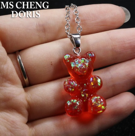 Прикраси з ведмедиками кулон, червоний з перламутром - довжина ланцюжка 50см, смола, цинковий сплав Київ - фото 1