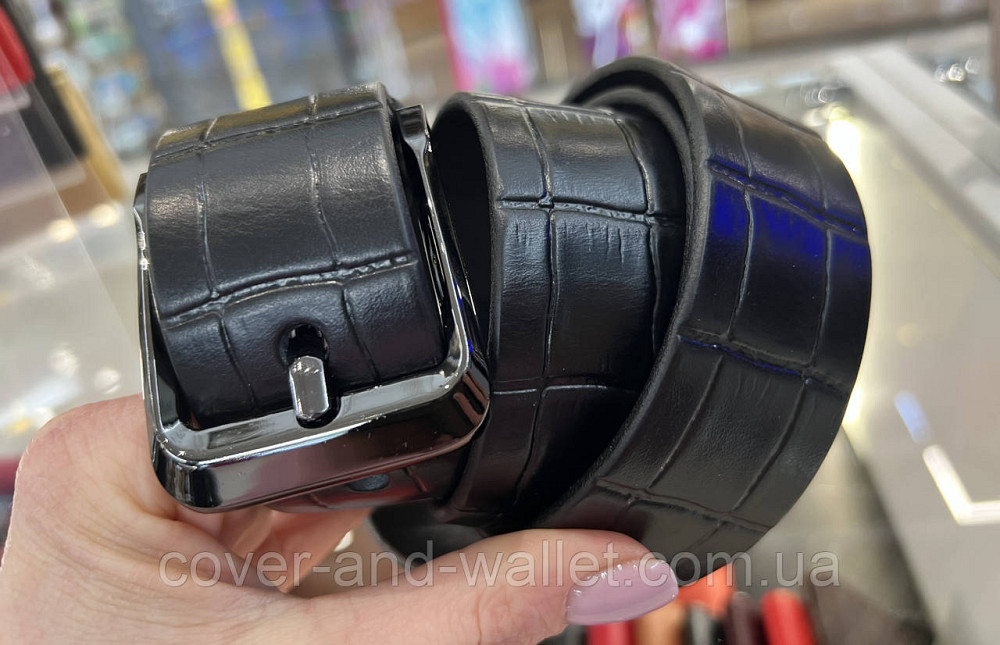 Широкий чоловічий ремінь із італійської шкіри з фактурою під крокодил (чорний)  40 мм PS Leather Київ - фото 2