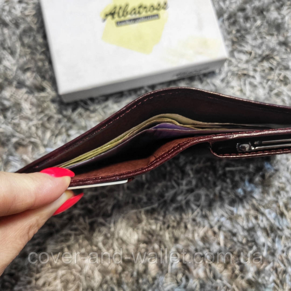 Жіночий гаманець з гладкої шкіри без застібки бордового кольору Albatross Київ - фото 5