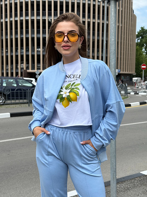 Жіночий костюм оверсайз з широкими штанами з двонитки Блакитний 50/52 Харків - фото 8