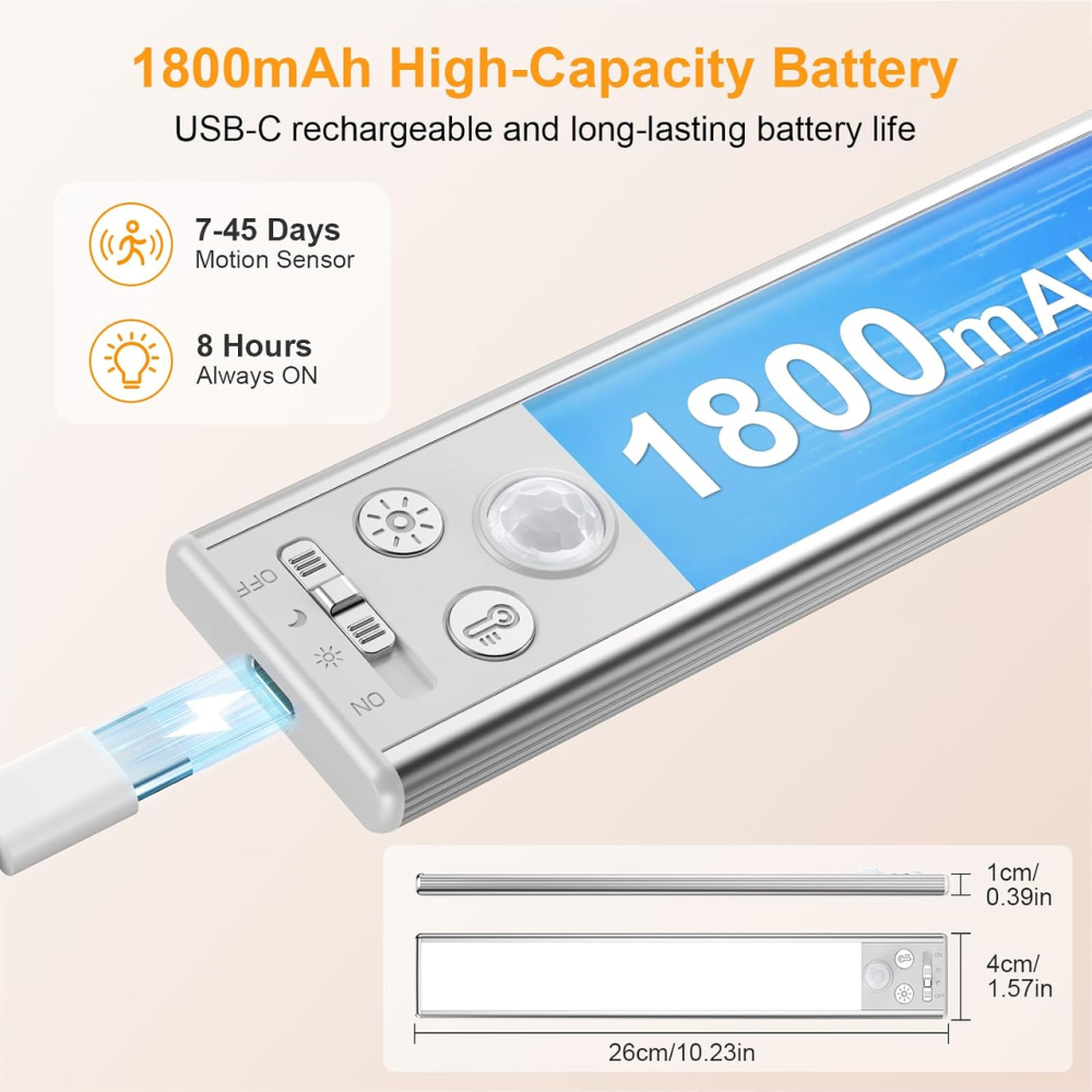 Подсветка под шкаф Gritin 26 см, 2 шт. — аккумуляторное LED 84 LED, датчик движения, 3 цвета, 5 уровней яркости, USB-C, серебро Киев - изображение 9
