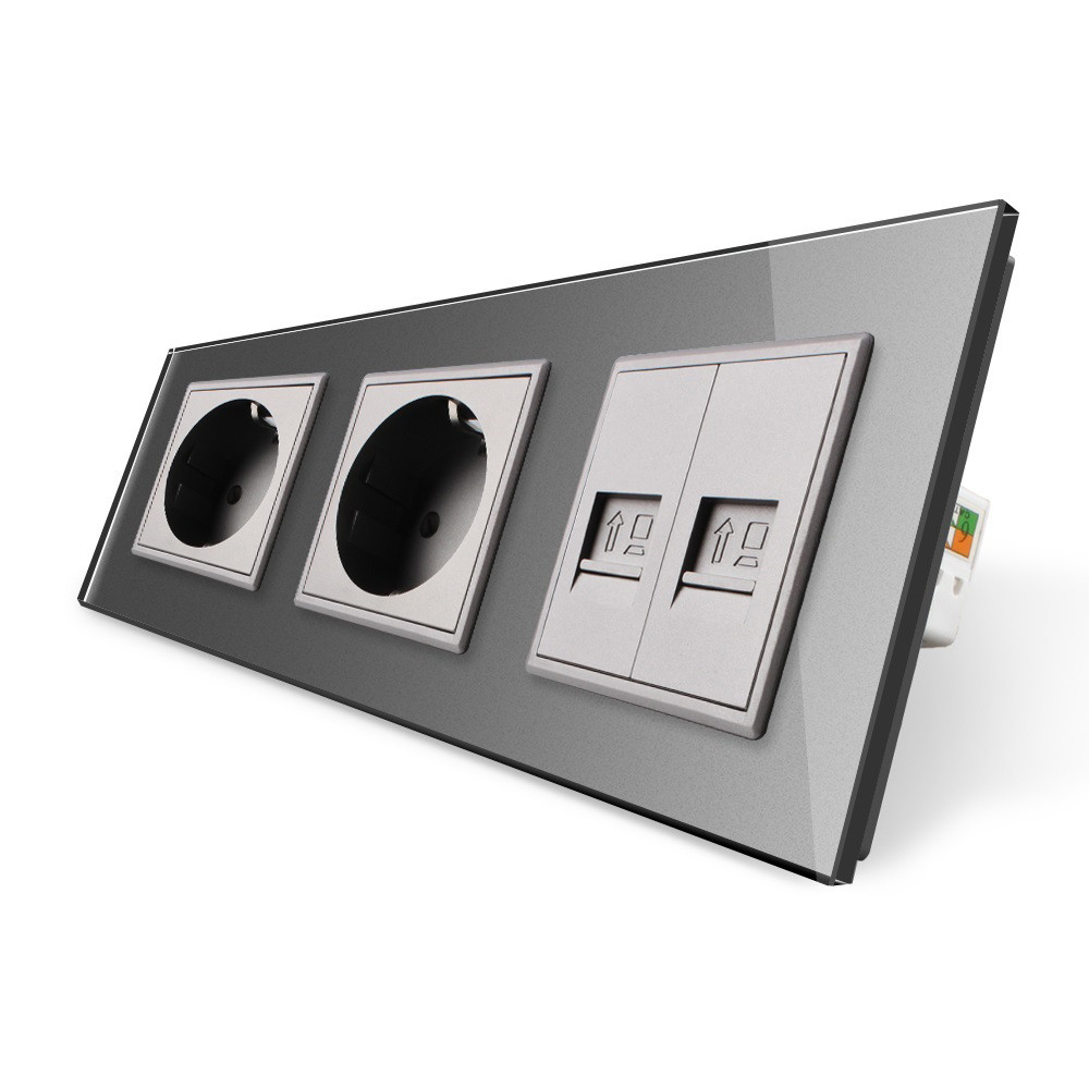 LIVOLO Розетка тримісна комбінована Силова 2 Інтернет Livolo сірий скло (VL-C7C2EU2CK0-15) Коломия - фото 2