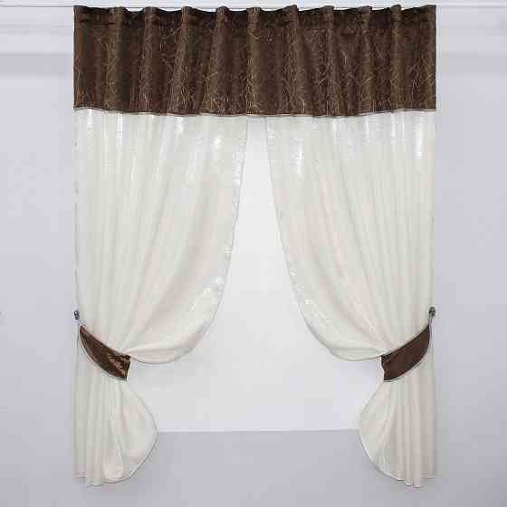 Кухонные шторы VR-Textil № 073к с ламбрекеном и подхватами молочный с коричневым 270х170 см (52-0285) Киев