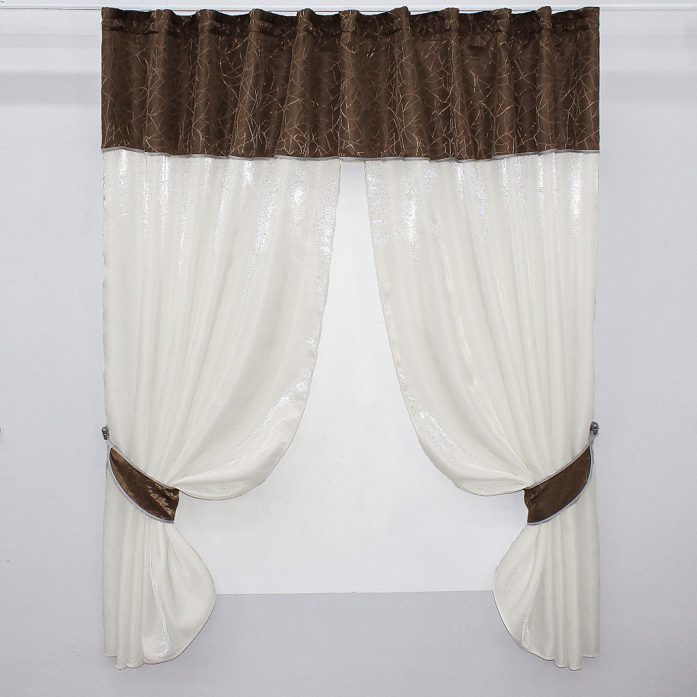 Кухонные шторы VR-Textil № 073к с ламбрекеном и подхватами молочный с коричневым 270х170 см (52-0285) Киев - изображение 1