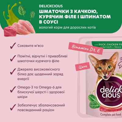 Влажный корм для кошек Delickcious Кусочки с уткой, куриным филе и шпинатом в соусе 85 г (4820269143142) Винница