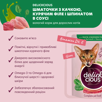 Вологий корм для кішок Delickcious Шматочки з качкою, курячим філе і шпинатом в соусі 85 г (4820269143142) Вінниця - фото 4