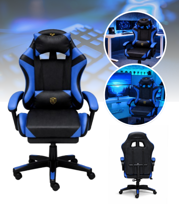 Геймерське крісло Primaveo з ергономічними подушками та висувною підставкою для ніг, Чорний/Синій Київ - фото 5