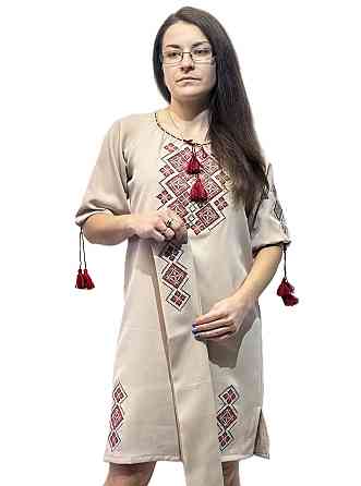 Жіноча вишита сукня середньої довжини  бежева з червоним орнаментом Київ