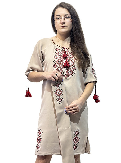 Жіноча вишита сукня середньої довжини  бежева з червоним орнаментом Київ - фото 2