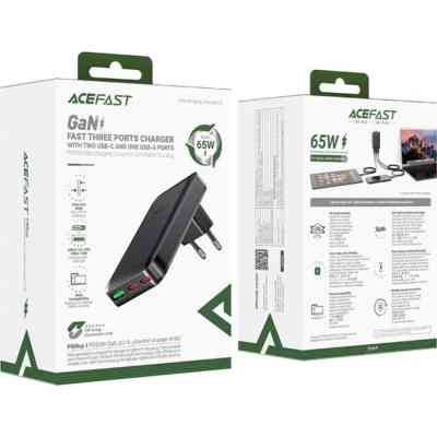 Зарядное устройство Acefast 3xUSB 65W (2xUSB-C+USB-A) Gan A100 Fast Charger Ultra thin black (6974316283492) Винница