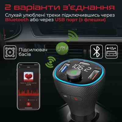 FM модулятор Promate PowerTune 38w USB-A OTG/USB-A QC3.0/USB-C PD Black (powertune-38w.black) Вінниця