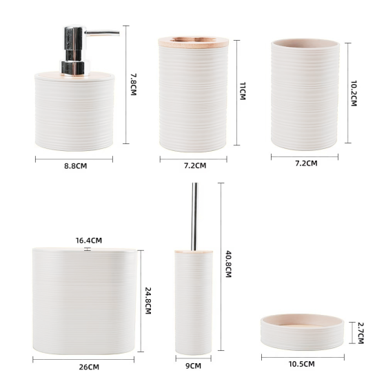 Набор аксессуаров 6в1 для ванной комнаты и душа, урна,дозатор для мыла, мыльница, стаканы,ёршик белый Каменец-Подольский