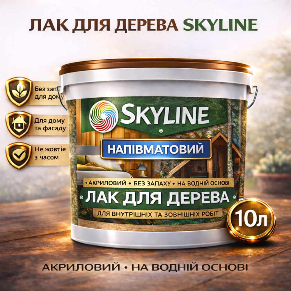 Лак для дерева Skyline напівматовий акриловий прозорий без запаху для внутрішніх та зовнішніх робіт 10 л Харків - фото 1