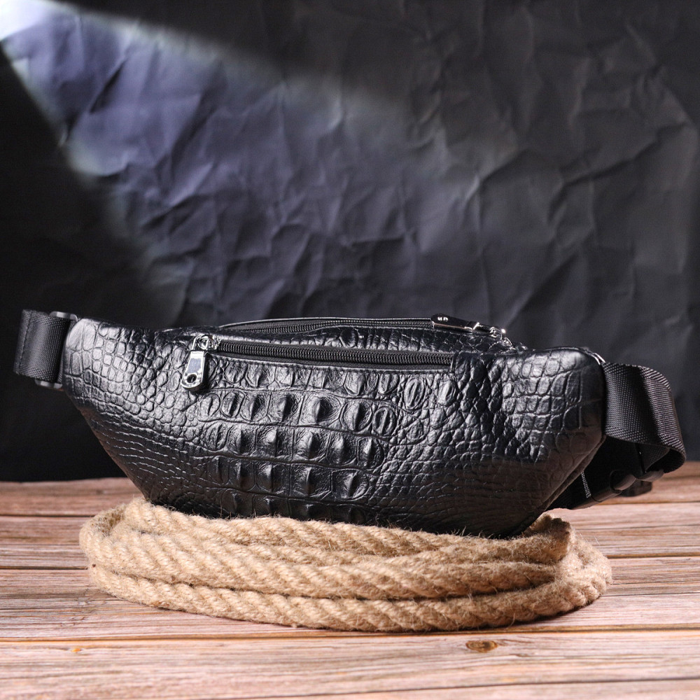 Стильна поясна сумка з натуральної шкіри з фактурою під крокодила Чорна (Vintage) Київ - фото 3