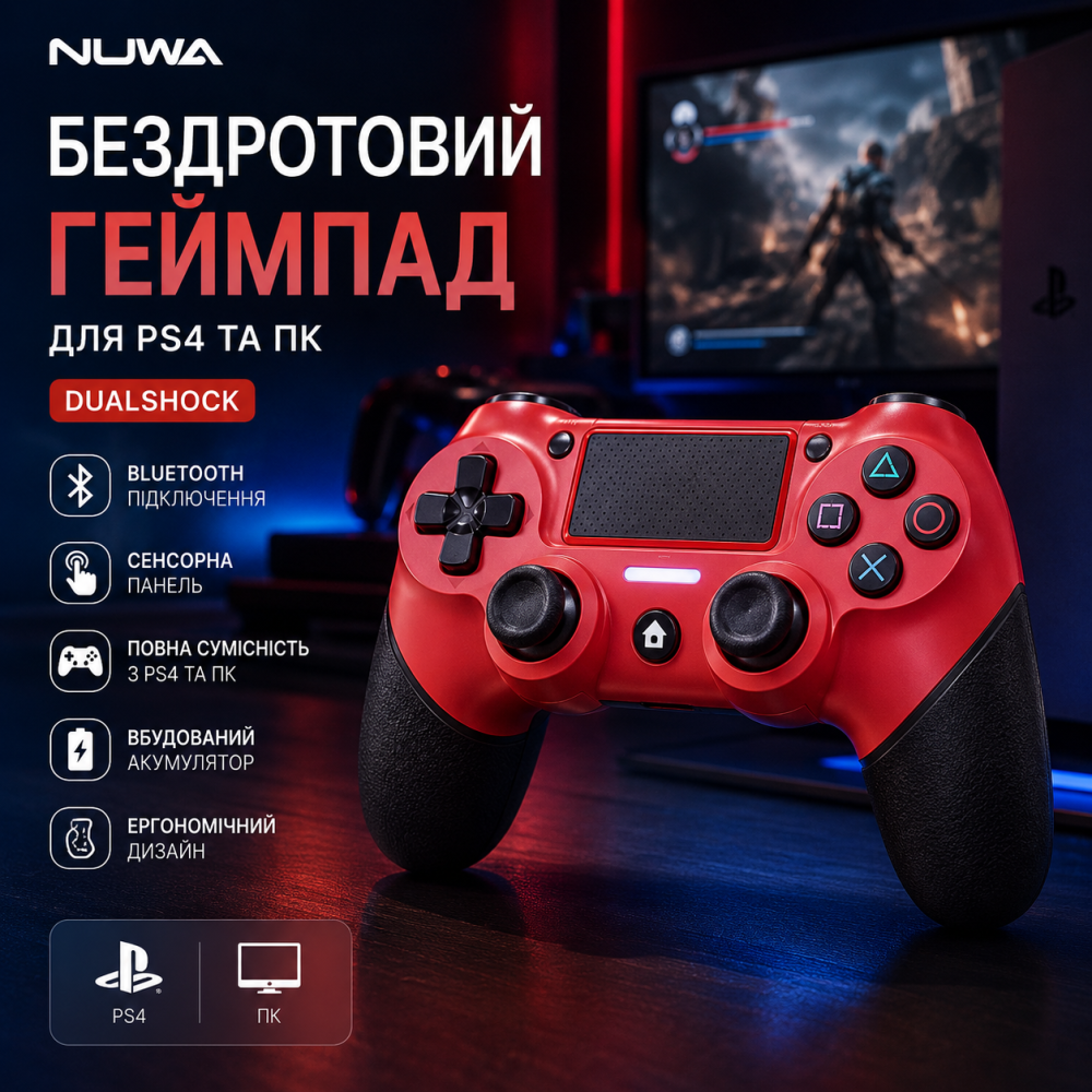 Бездротовий геймпад Nuwa Dualshock для PS4 та ПК Bluetooth контролер з сенсорною панеллю Червоний Київ - фото 1