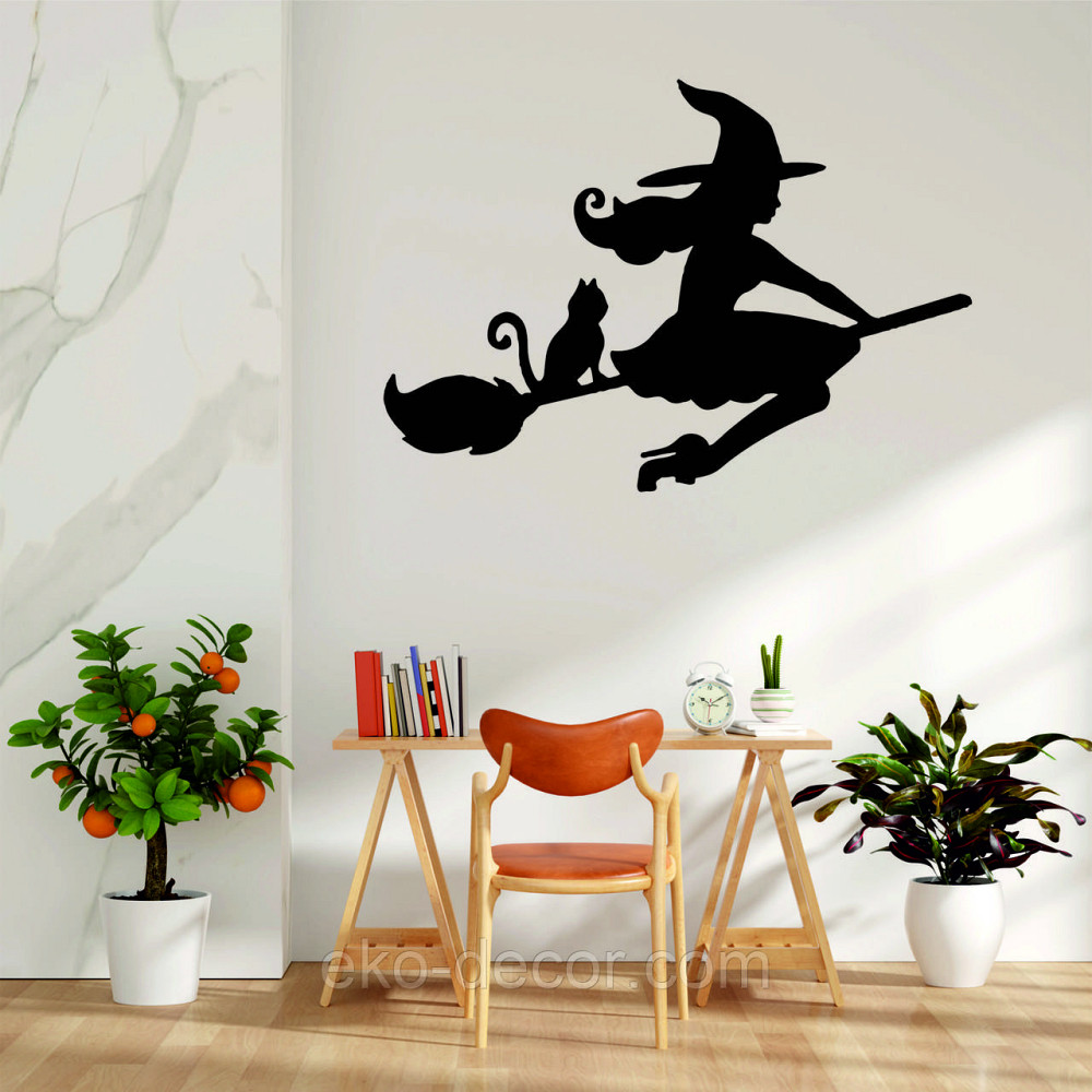 Декоративное настенное Панно «Ведьма на метле с котом», Декор на стену 110*77 см, Черный Киев - изображение 2
