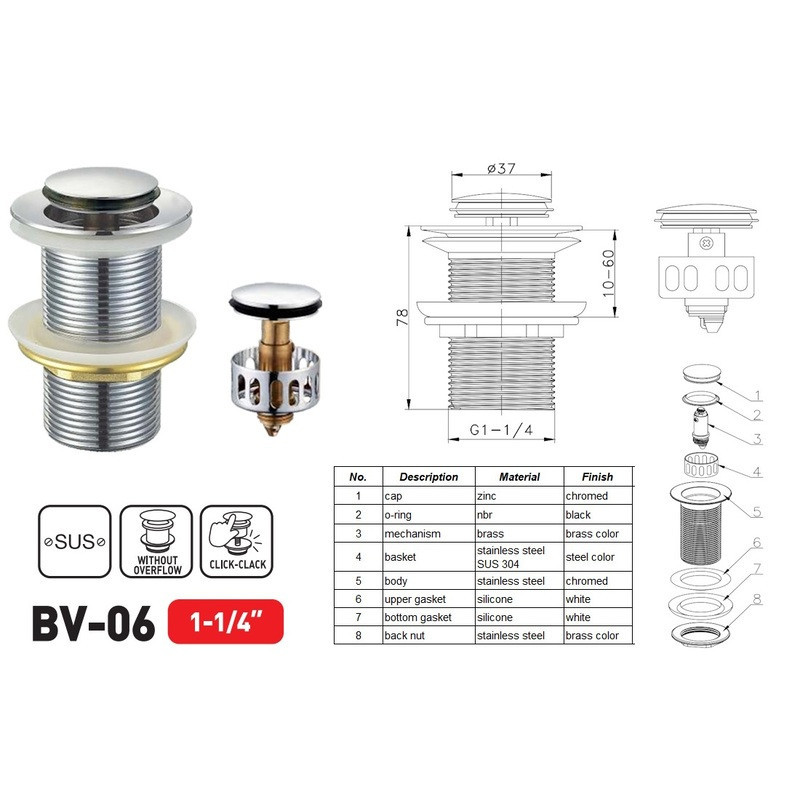 Донный клапан для раковины Zerix BV-06 1 1/4'' без перелива автоматический СLICK-СLACK (Цвет хром) (ZX6023) Киев - изображение 7