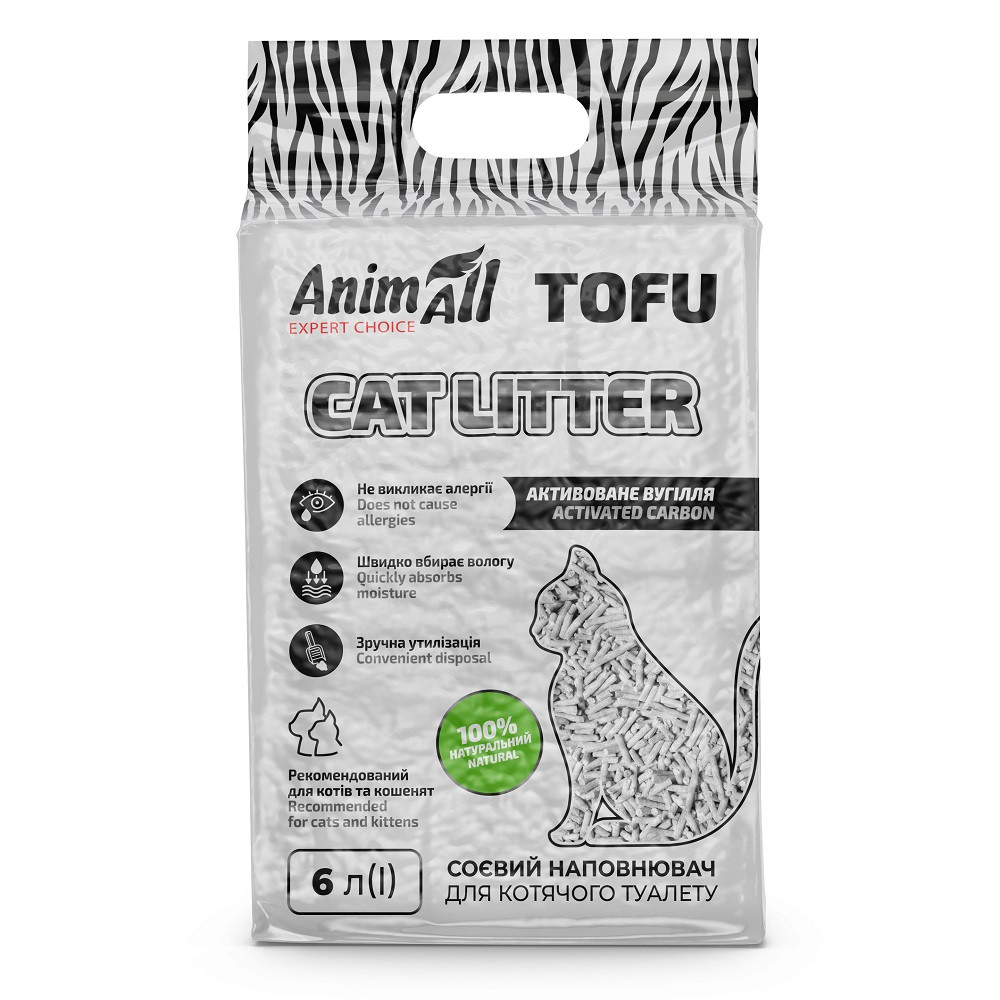 Соевый наполнитель AnimAll Tofu Carbon с активированным углём, для кошек, 6 литров (2,6 кг) Киев - изображение 1