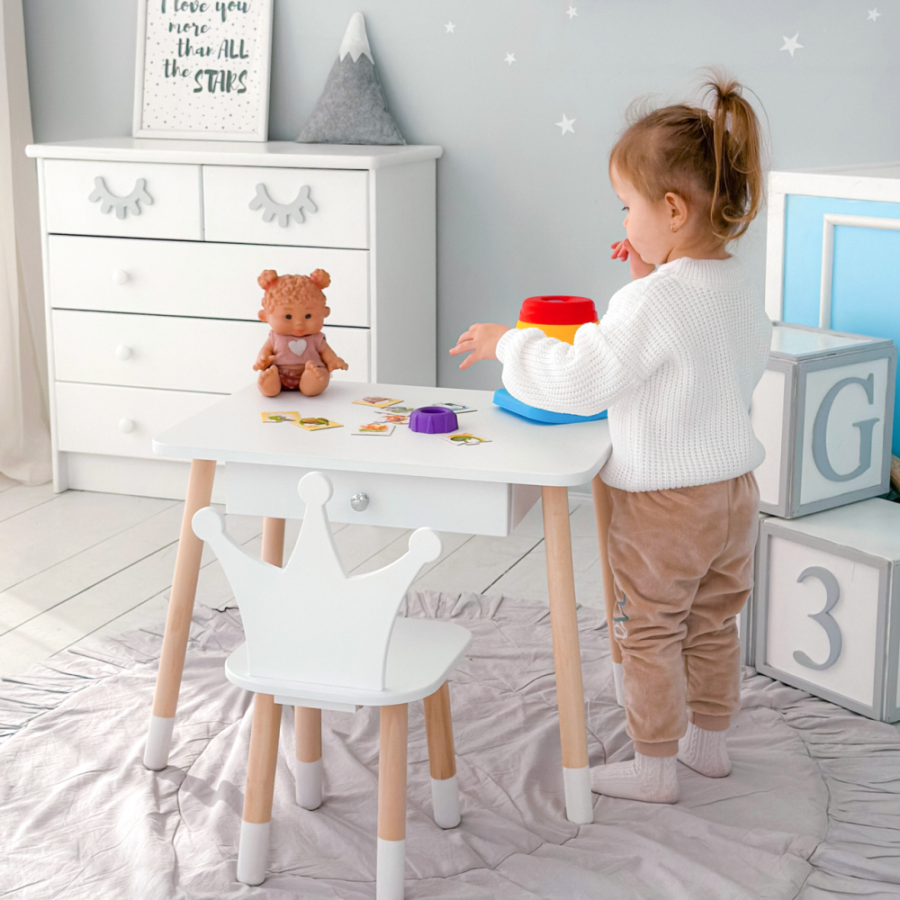 Стіл прямокутний з ящиком для речей 46х60х45 і стілець корона 26х26х24, столик та стільчик в дитячу, білий Кам'янське - фото 2