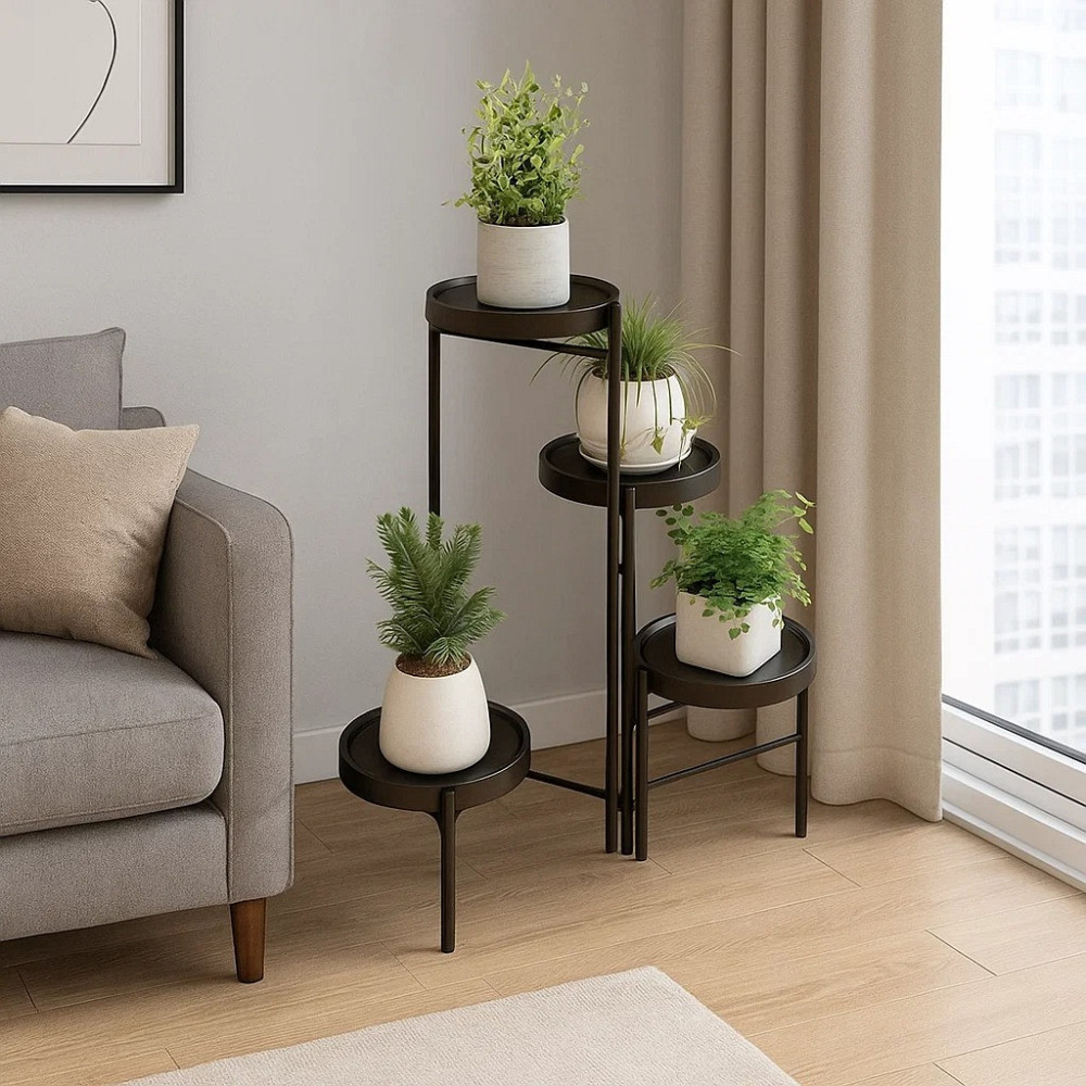 Стеллаж с полками для горшков с цветами и растениями металлический на 4 яруса цвет черный Каменец-Подольский - изображение 2