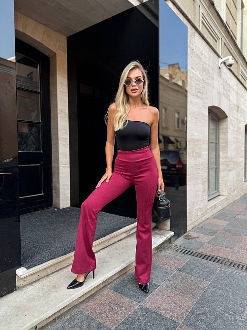 Жіночі базові штани кльош на високій посадці замш на дайвінгу Бургунді, 42 Одеса - фото 1