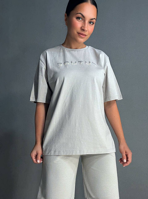 Костюм женский CAPPITONE 101183 с надписью футболка оверсайз и брюки палаццо серый, серый, S Киев - изображение 7