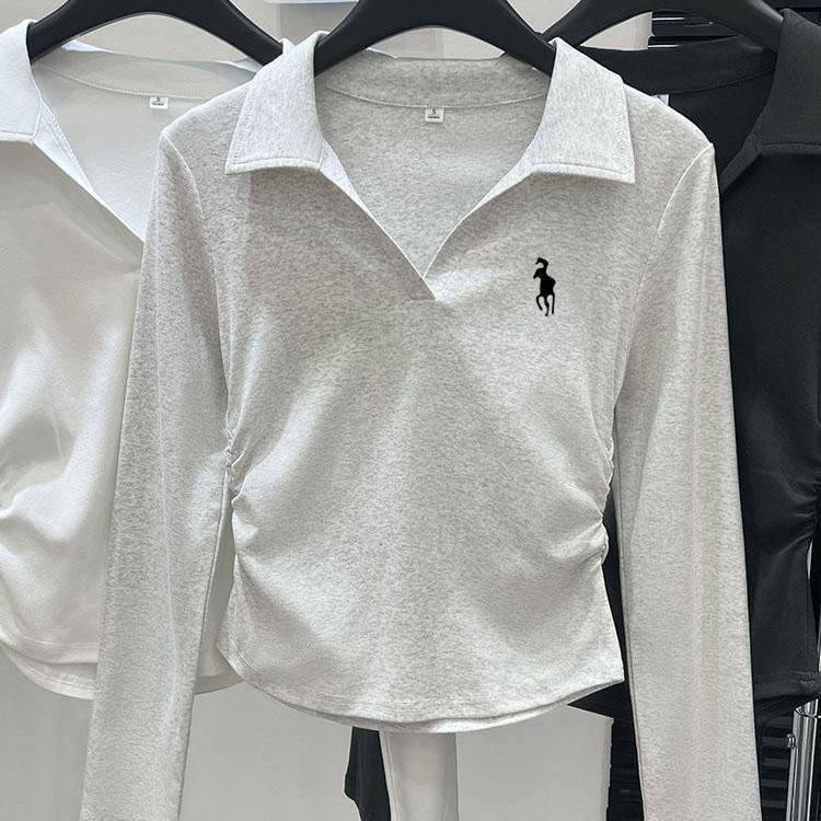 Женский лонгслив-поло из мягкой ткани с эффектом драпировки по бокам вискоза Серый Одесса - изображение 1