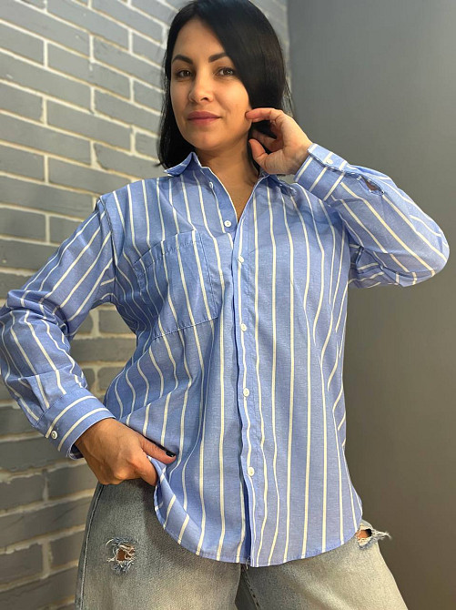 Рубашка женская Mix Ray 4367 оверсайз удлиненная широкая полоса голубая, голубой, S Киев - изображение 16
