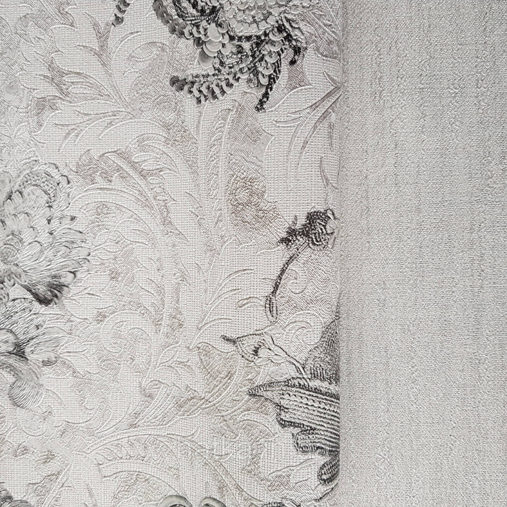 Шпалери метрові вінілові на флізелін Yuanlong Samsara бароко квіти вензель чорні на білому сріблясті Київ - фото 3