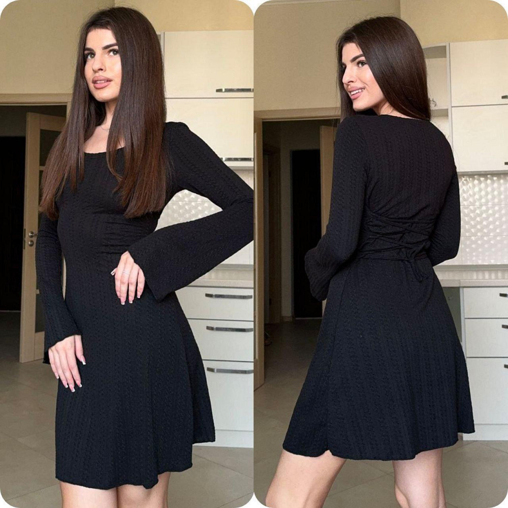 Стильное женское платье с завязками по спинке трикотаж косичка машина вязкая Черный, 46/48 Одесса - изображение 1